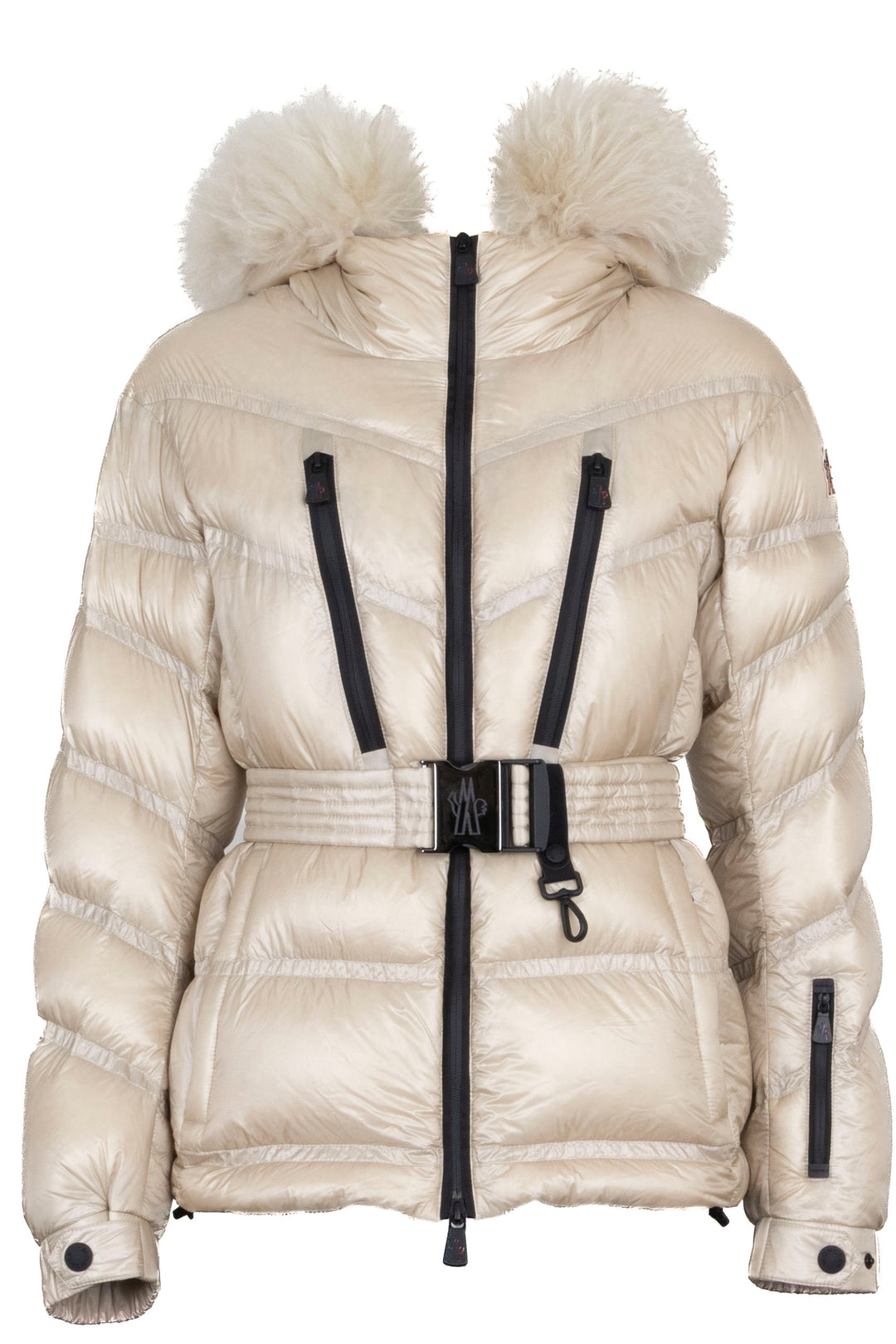 Doudoune matelassée ceinturée MONCLER Grenoble Bernin avec fourrure, duvet, beige