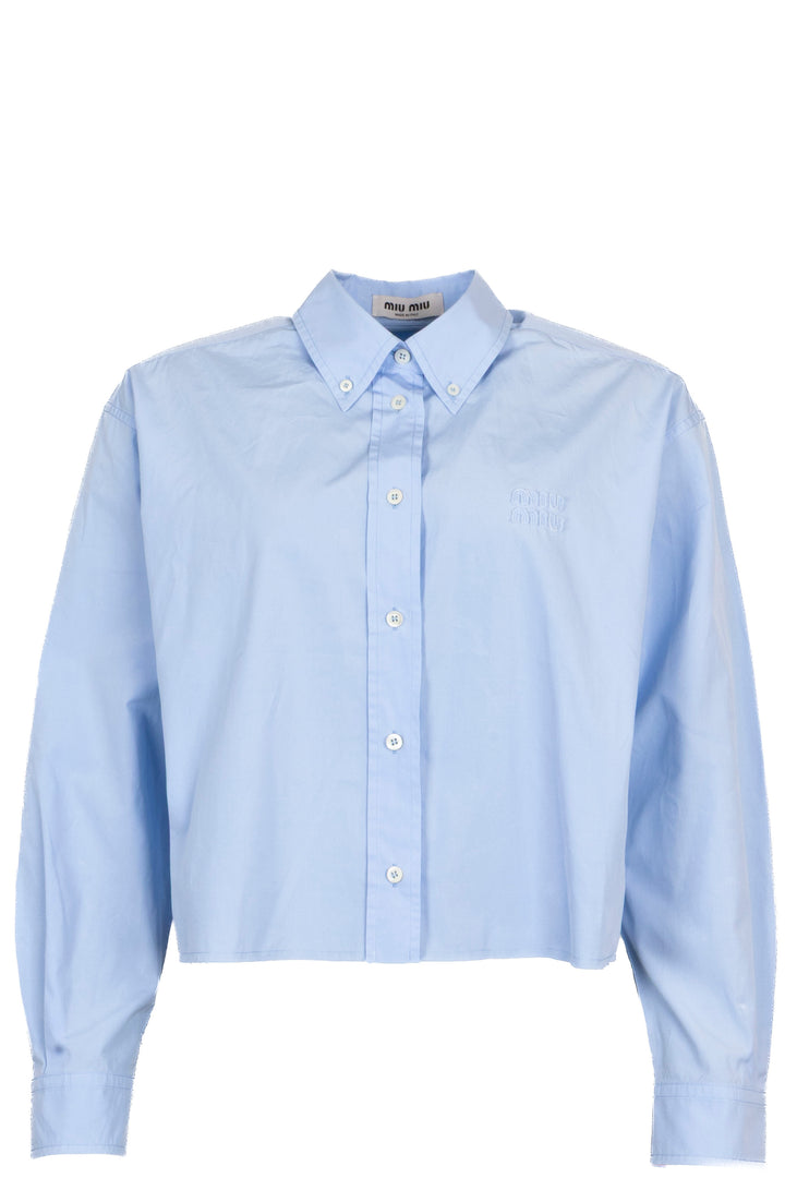 MIU MIU Logo Cropped Distressed Shirt Cotton Blue