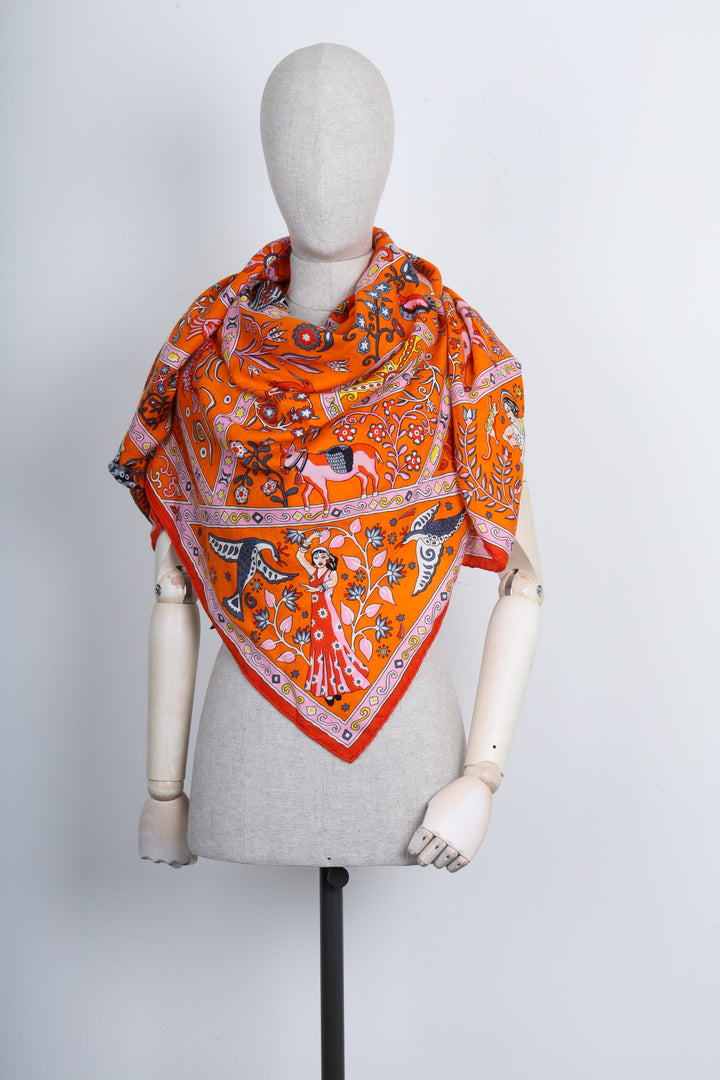 HERMES Cashmere&Silk Scarf 140 Peuple du Vente Orange