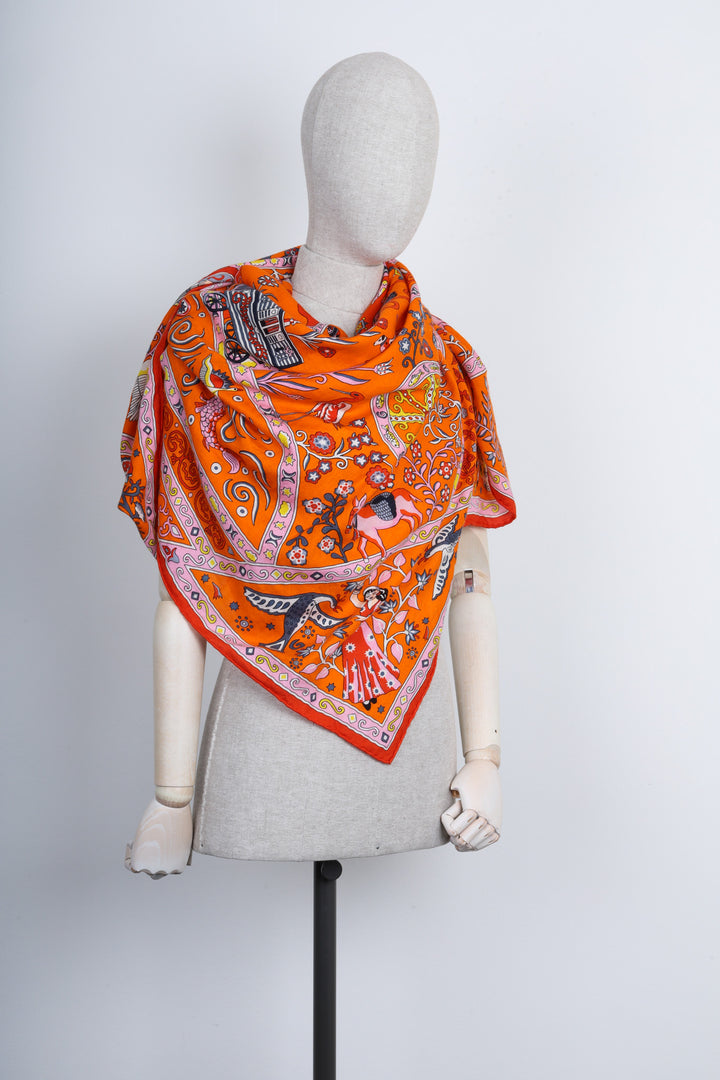 HERMES Cashmere&amp;Silk Scarf 140 Peuple du Vente Orange
