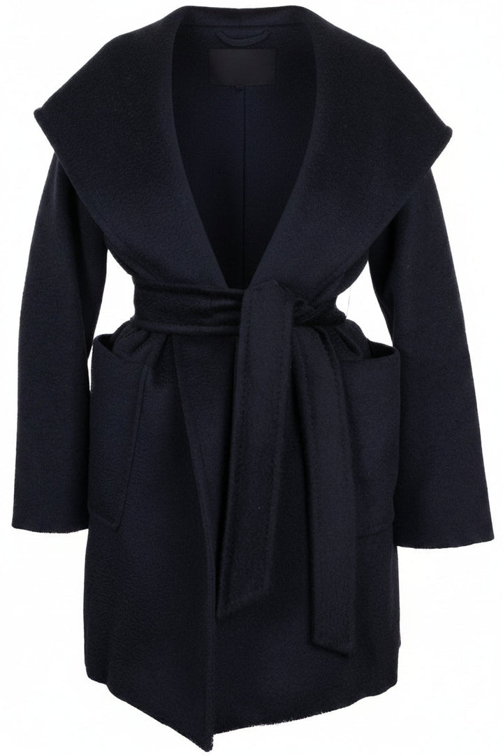 MAX MARA Hooded Belted Short Coat Camel Hair Navy