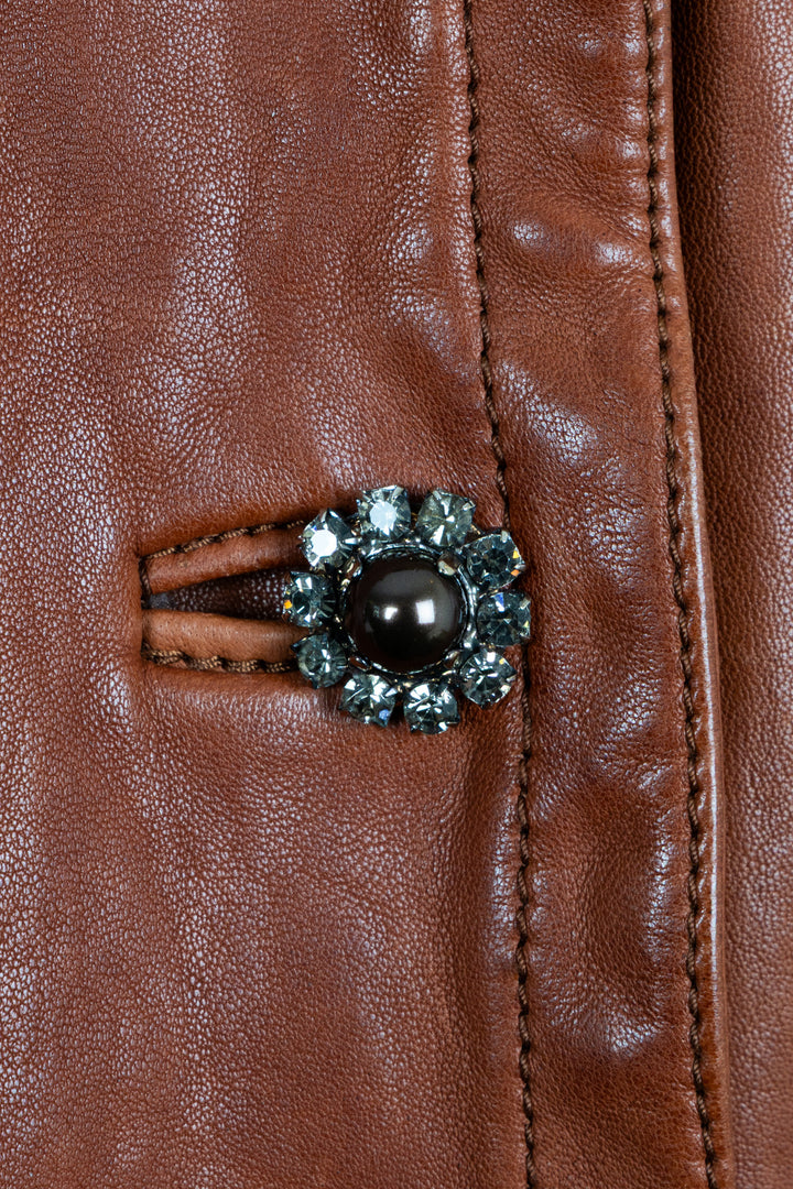 DOLCE & GABBANA Double Breasted Crystal Jacket Lambskin Cognac