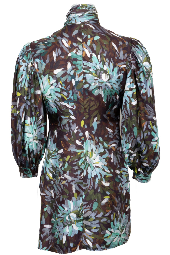 GUCCI Floral Print Dress Silk Green Brown