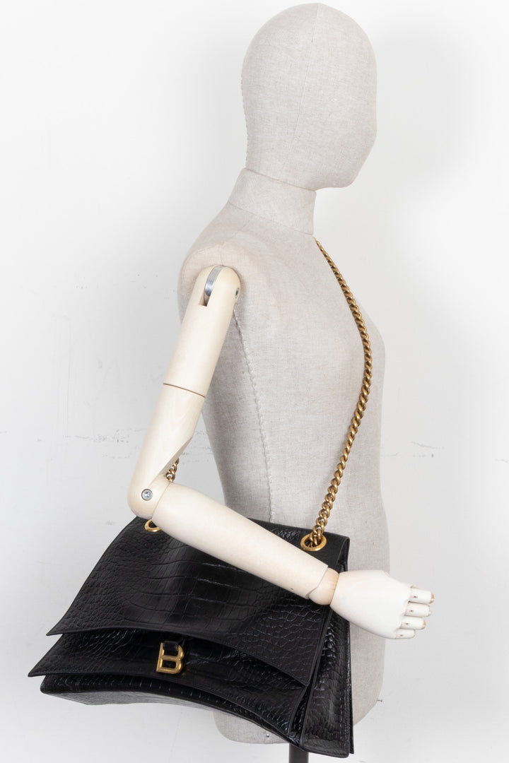 BALENCIAGA Crush Chain Bag Large Croc Embossed Black