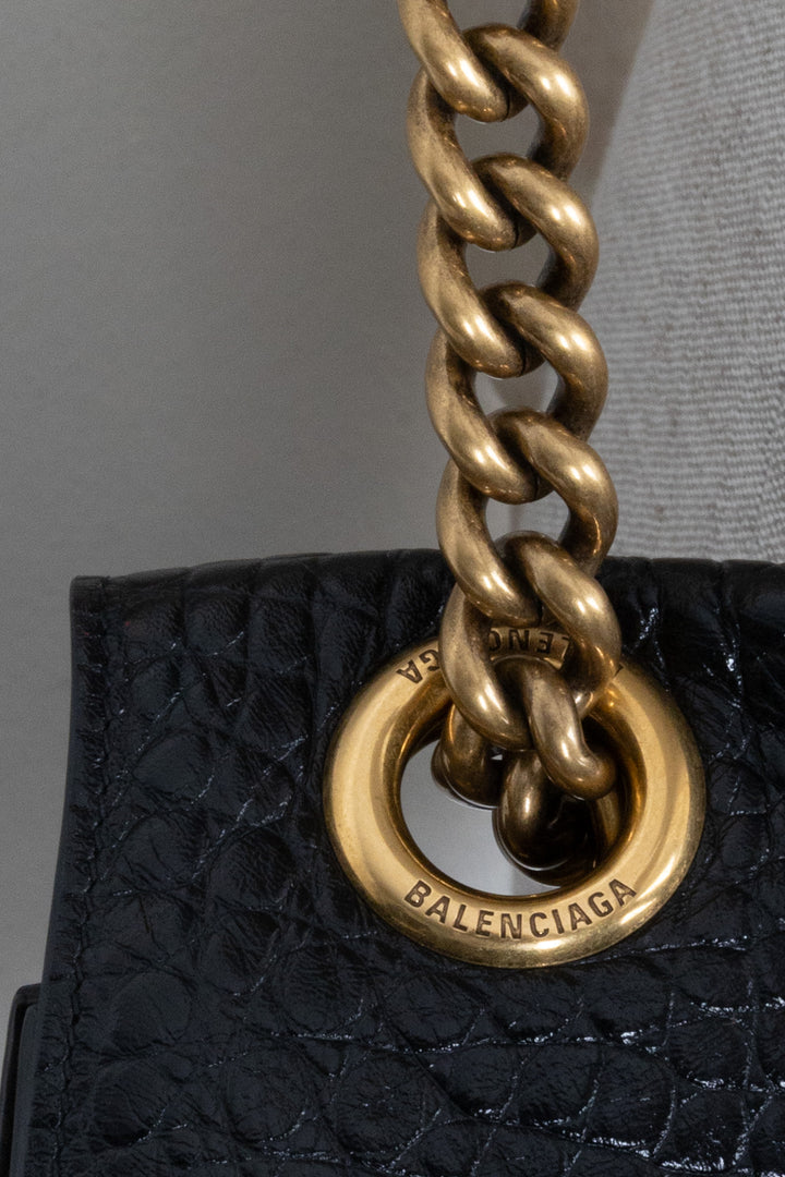 BALENCIAGA Crush Chain Bag Large Croc Embossed Black
