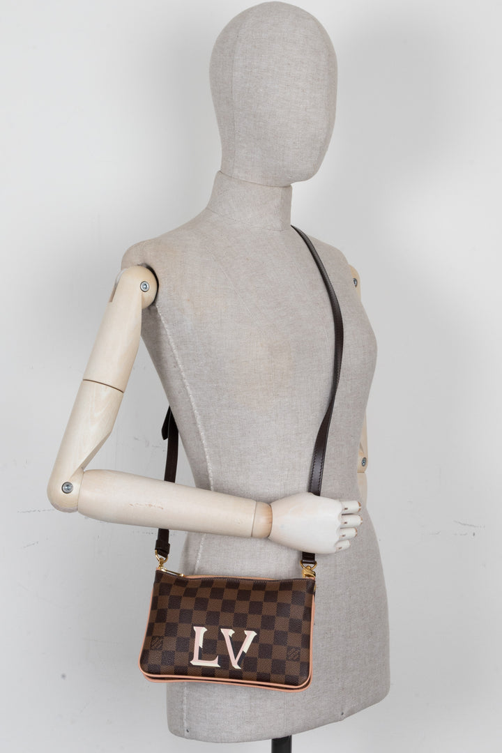 LOUIS VUITTON Double Zip Pochette Canvas Damier Ebene Pink