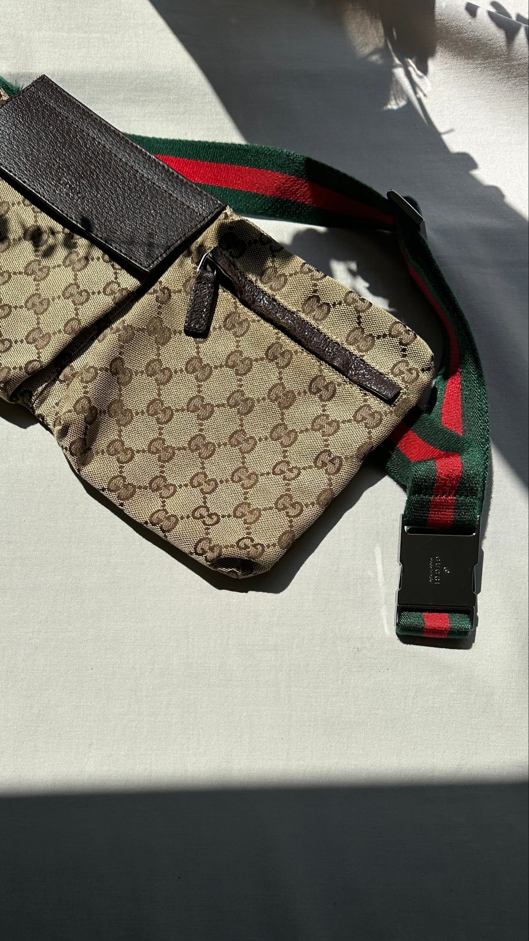 GUCCI GG Double Pocket Belt Bag Canvas Web