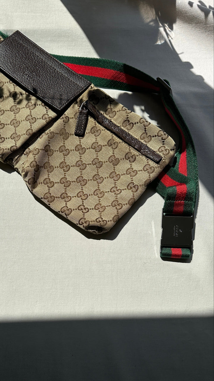 GUCCI GG Double Pocket Belt Bag Canvas Web