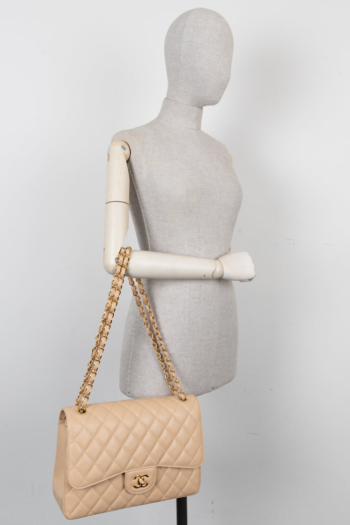 CHANEL Large Double Flap Bag Caviar Beige