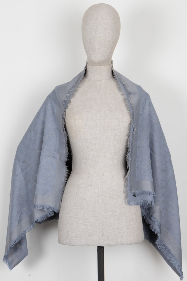 LOUIS VUITTON Fringed Scarf MNG Silk Blue