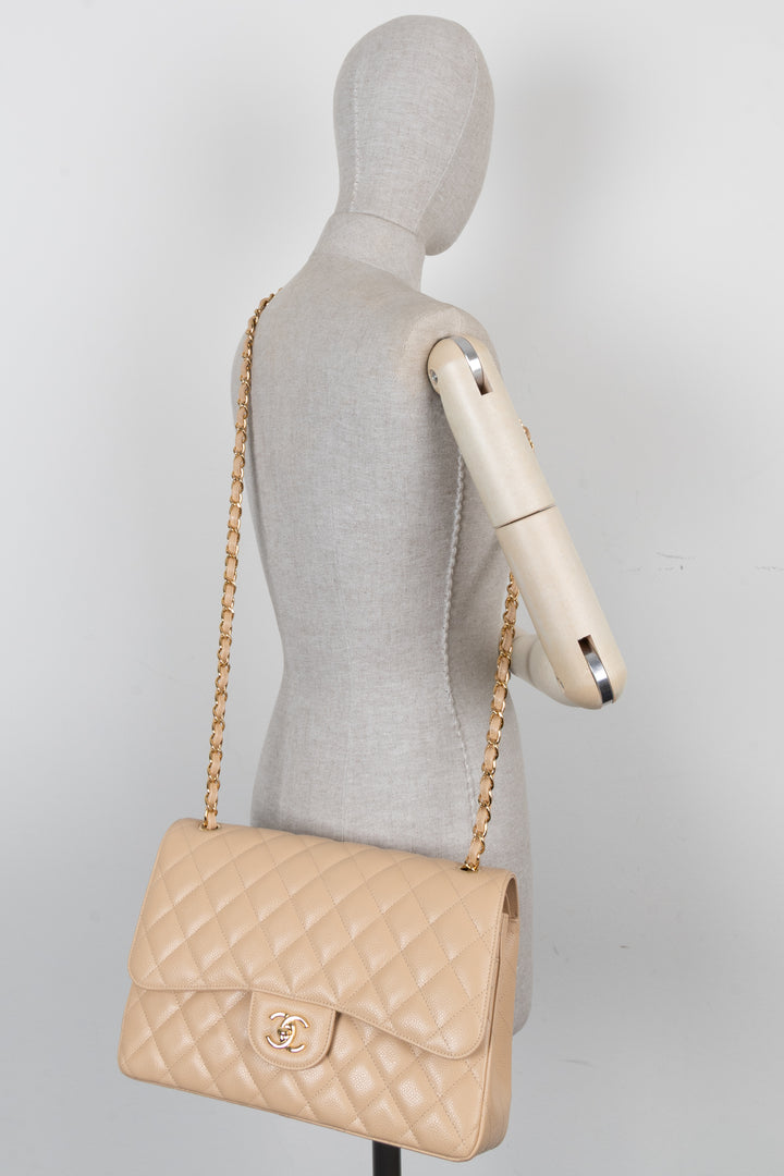 CHANEL Large Double Flap Bag Caviar Beige