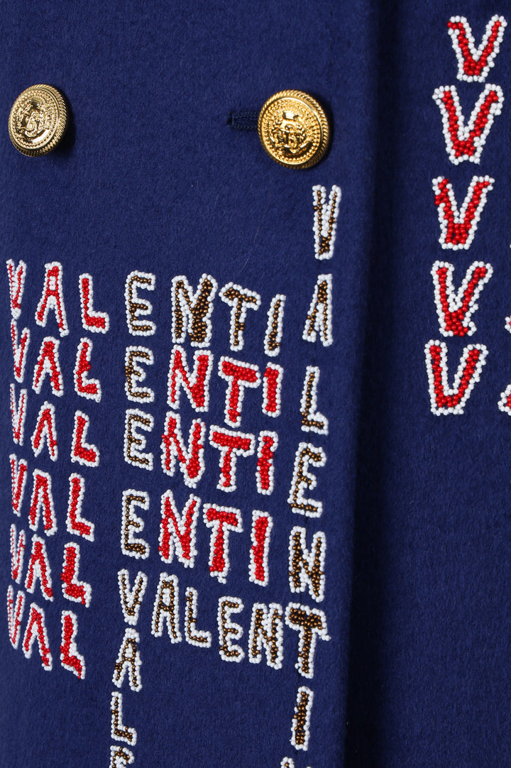 VALENTINO Logo Beads Embroidery Coat Royal Blue