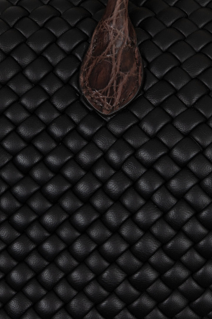 BOTTEGA VENETA Intrecciato Croc Embossed Top Handle Bag Leather Black