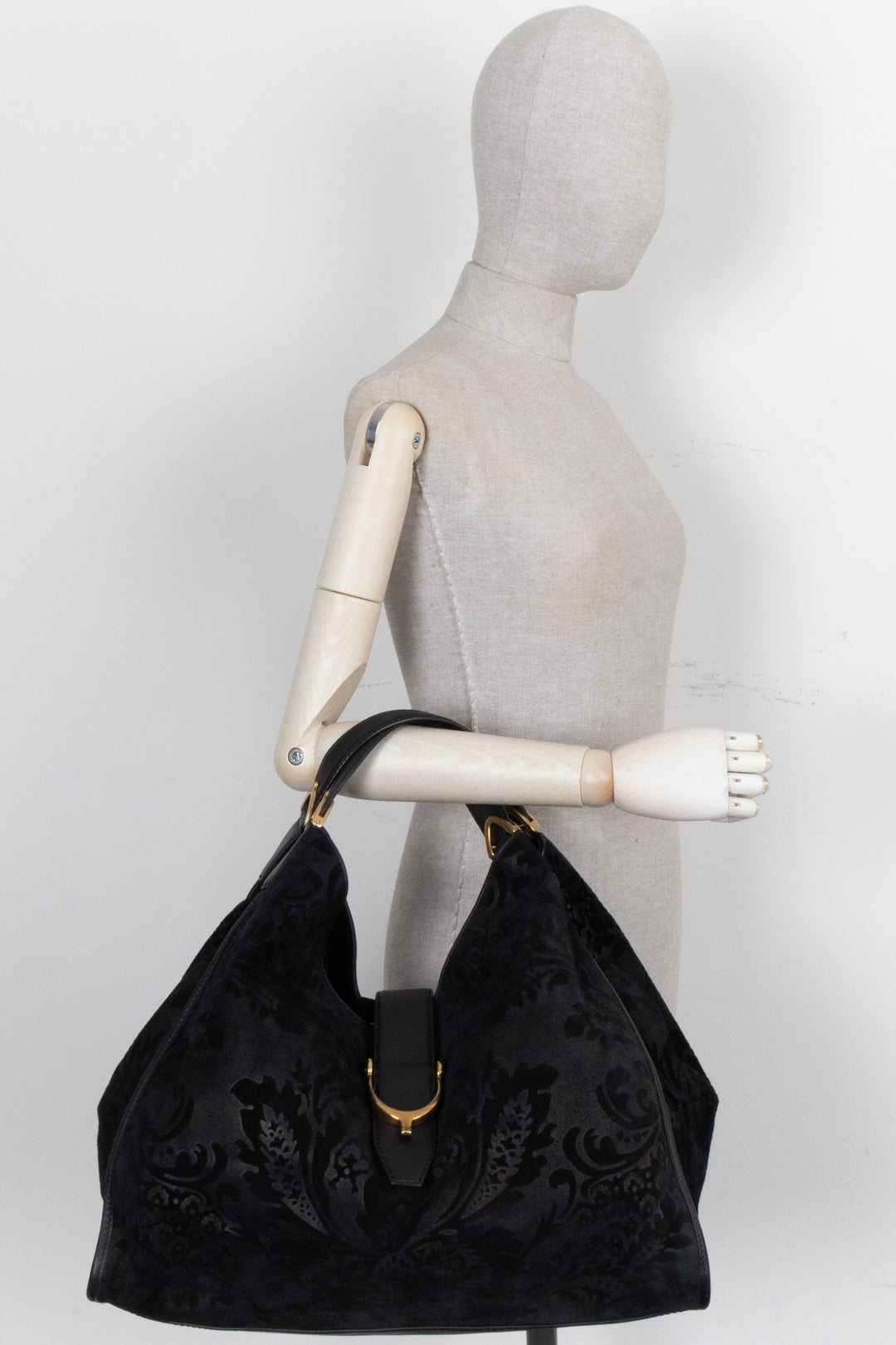 GUCCI Stirrup Brocade Shoulder Bag Suede Black
