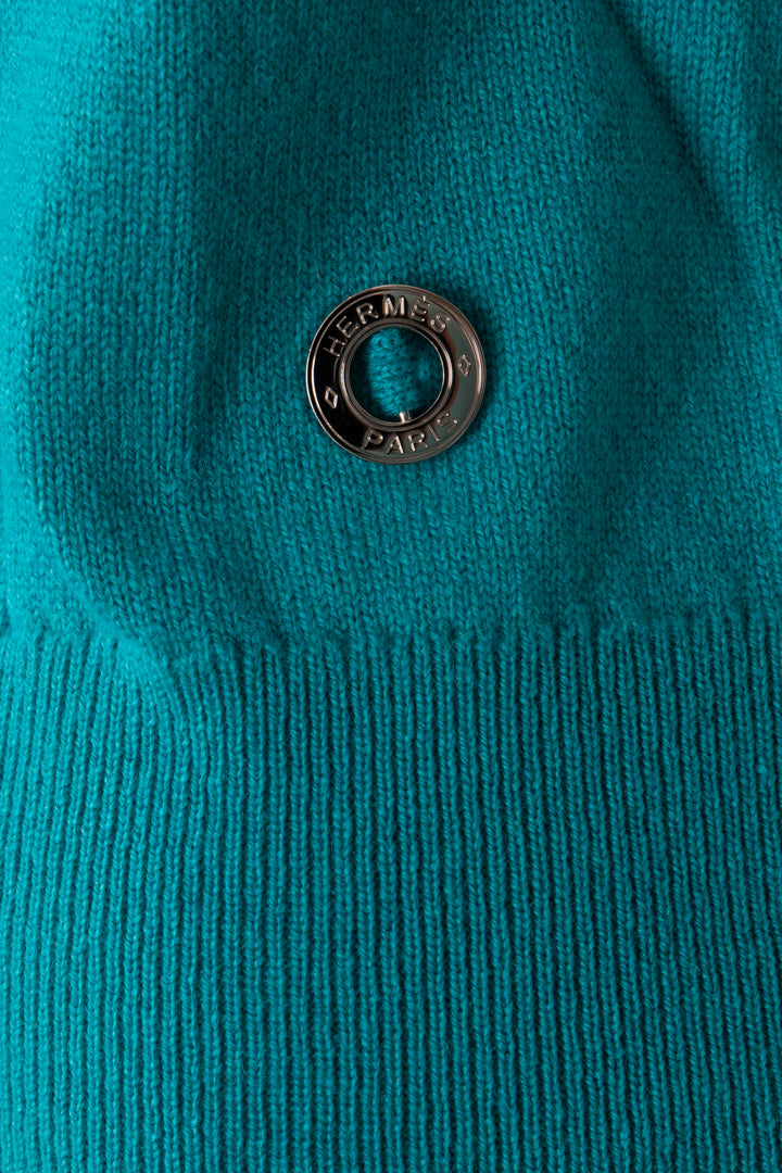HERMÈS Rib Knit Short Sleeve Top Cashmere Turquoise