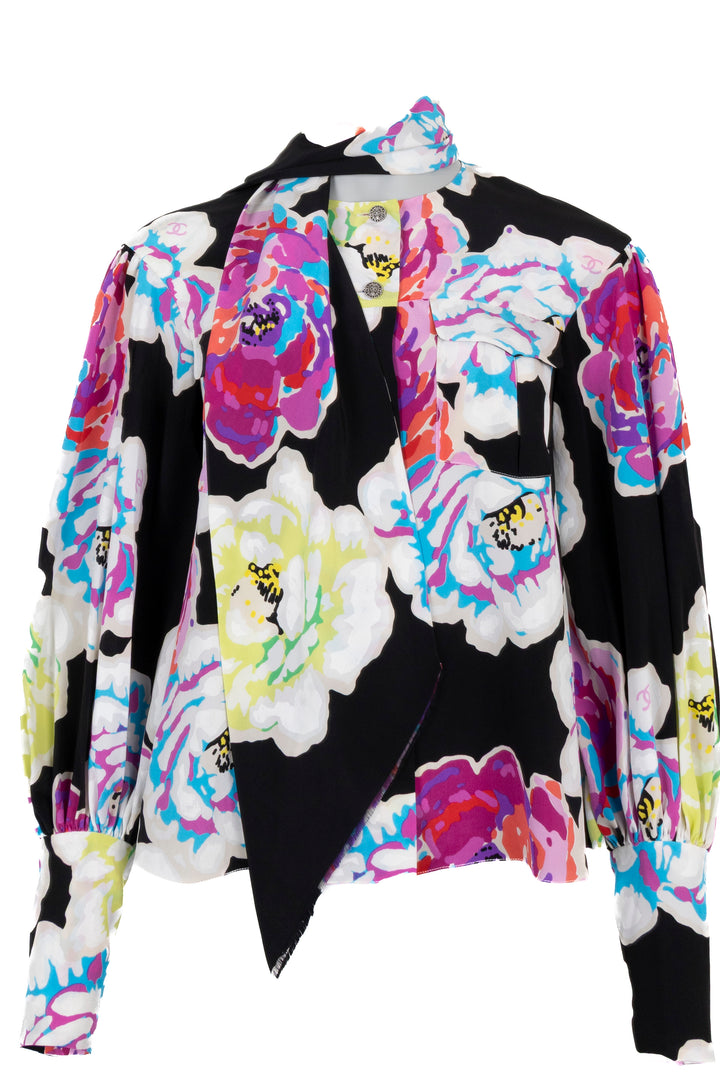 CHANEL 2010 Multicolor Camellia Silk Blouse with Shawl Collar