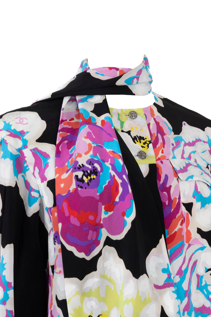 CHANEL 2010 Multicolor Camellia Silk Blouse with Shawl Collar