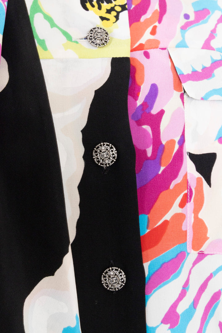 CHANEL 2010 Multicolor Camellia Silk Blouse with Shawl Collar