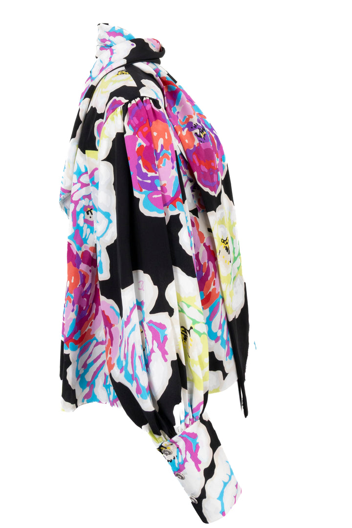 CHANEL 2010 Multicolor Camellia Silk Blouse with Shawl Collar