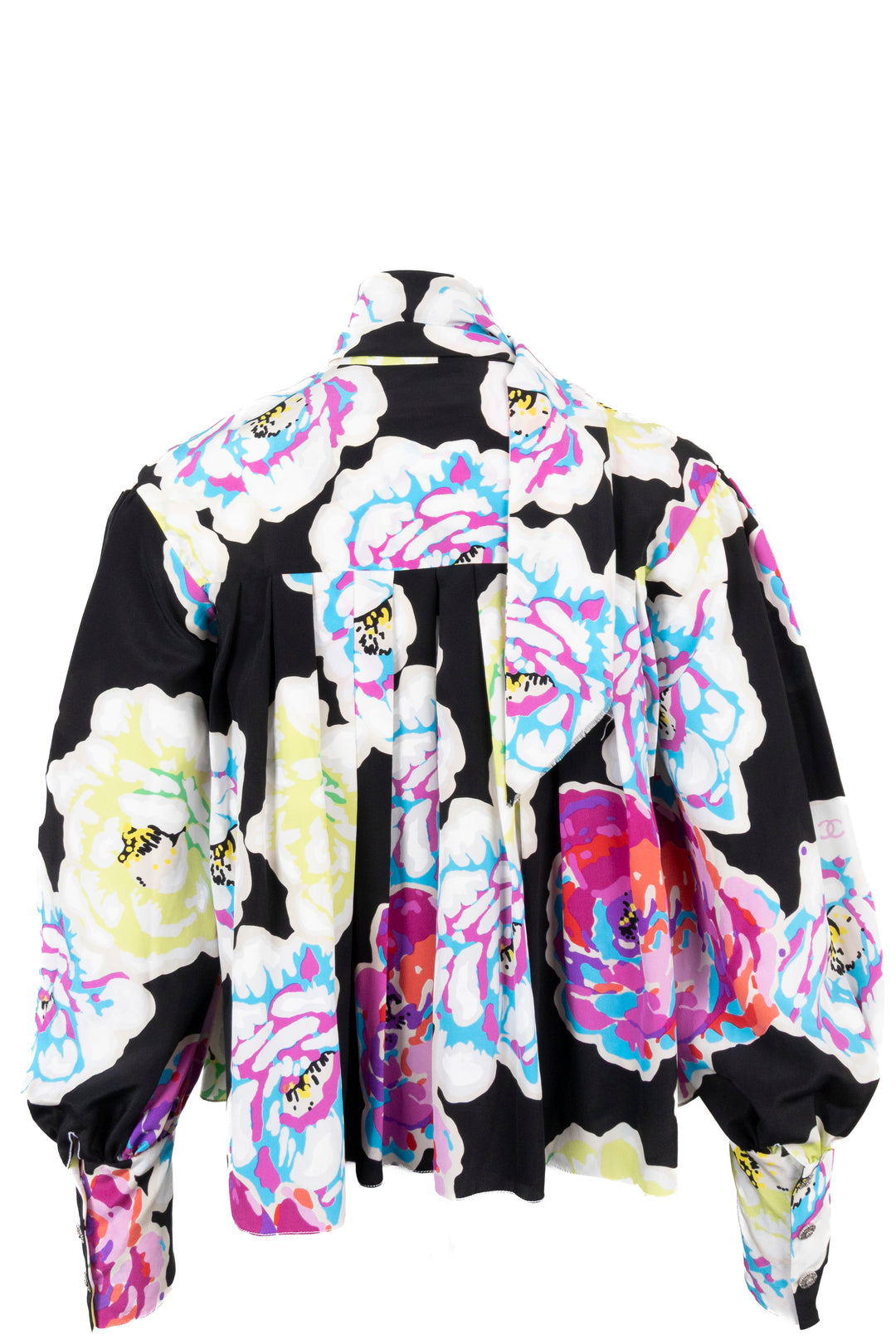 CHANEL 2010 Multicolor Camellia Silk Blouse with Shawl Collar