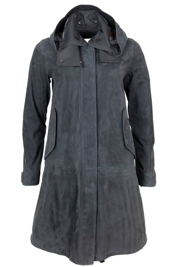 Manteau à capuche en daim gris LORO PIANA