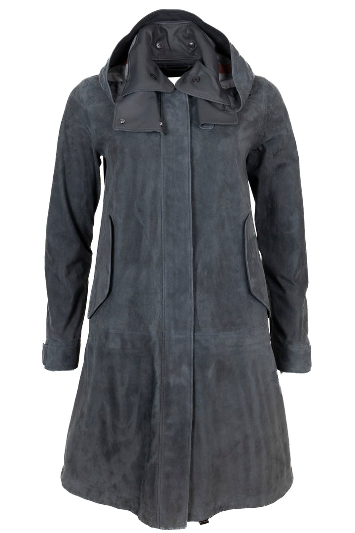 Manteau à capuche en daim gris LORO PIANA