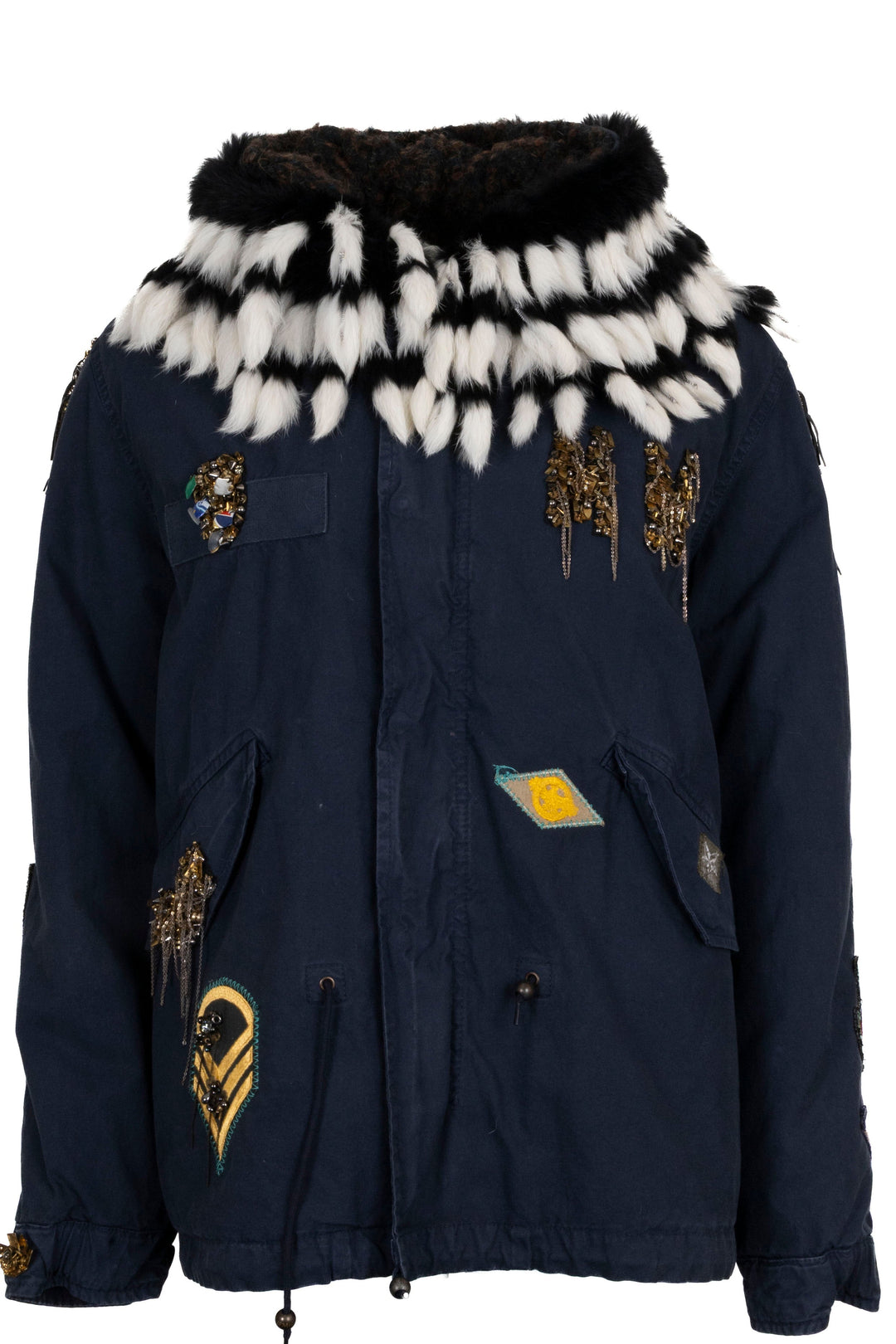 MR&MRS ITALY Parka à capuche orné de pompons en coton marine
