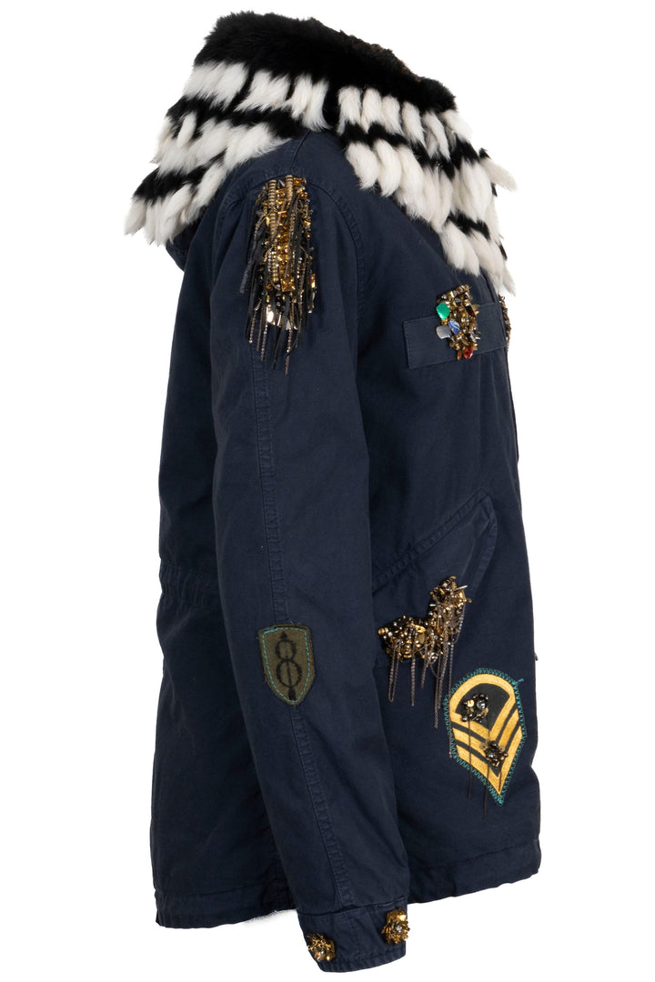 MR&MRS ITALY Parka à capuche orné de pompons en coton marine
