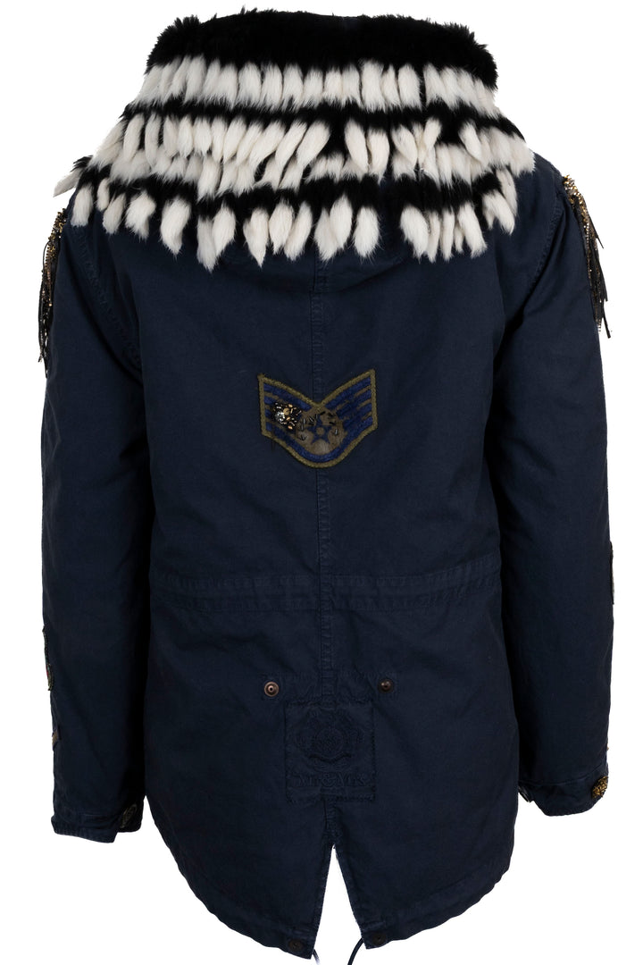 MR&MRS ITALY Parka à capuche orné de pompons en coton marine