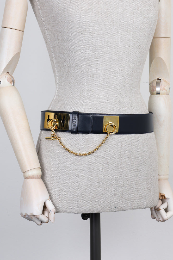 CELINE Belt leather Navy and Chain