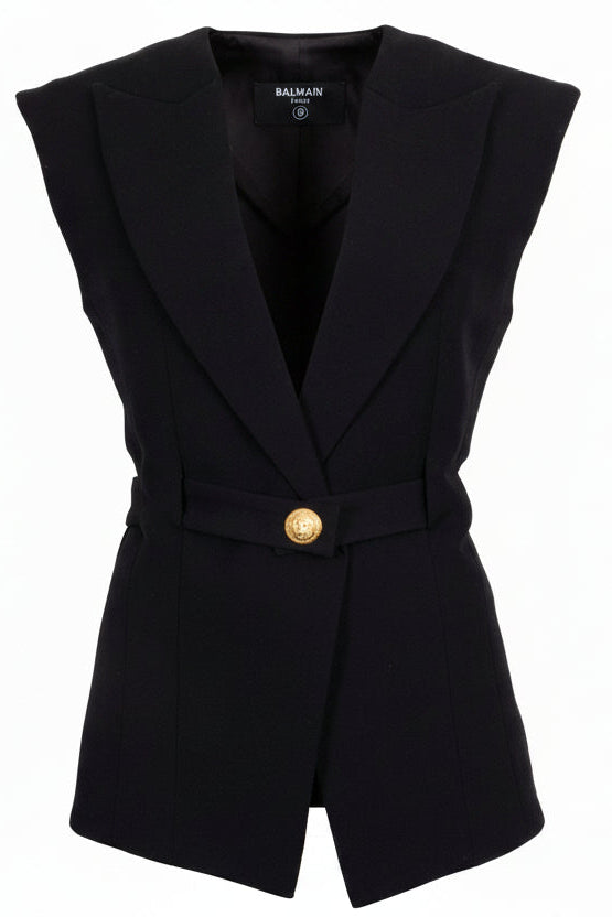BALMAIN Plunging V Neck Belted Vest Wool Black