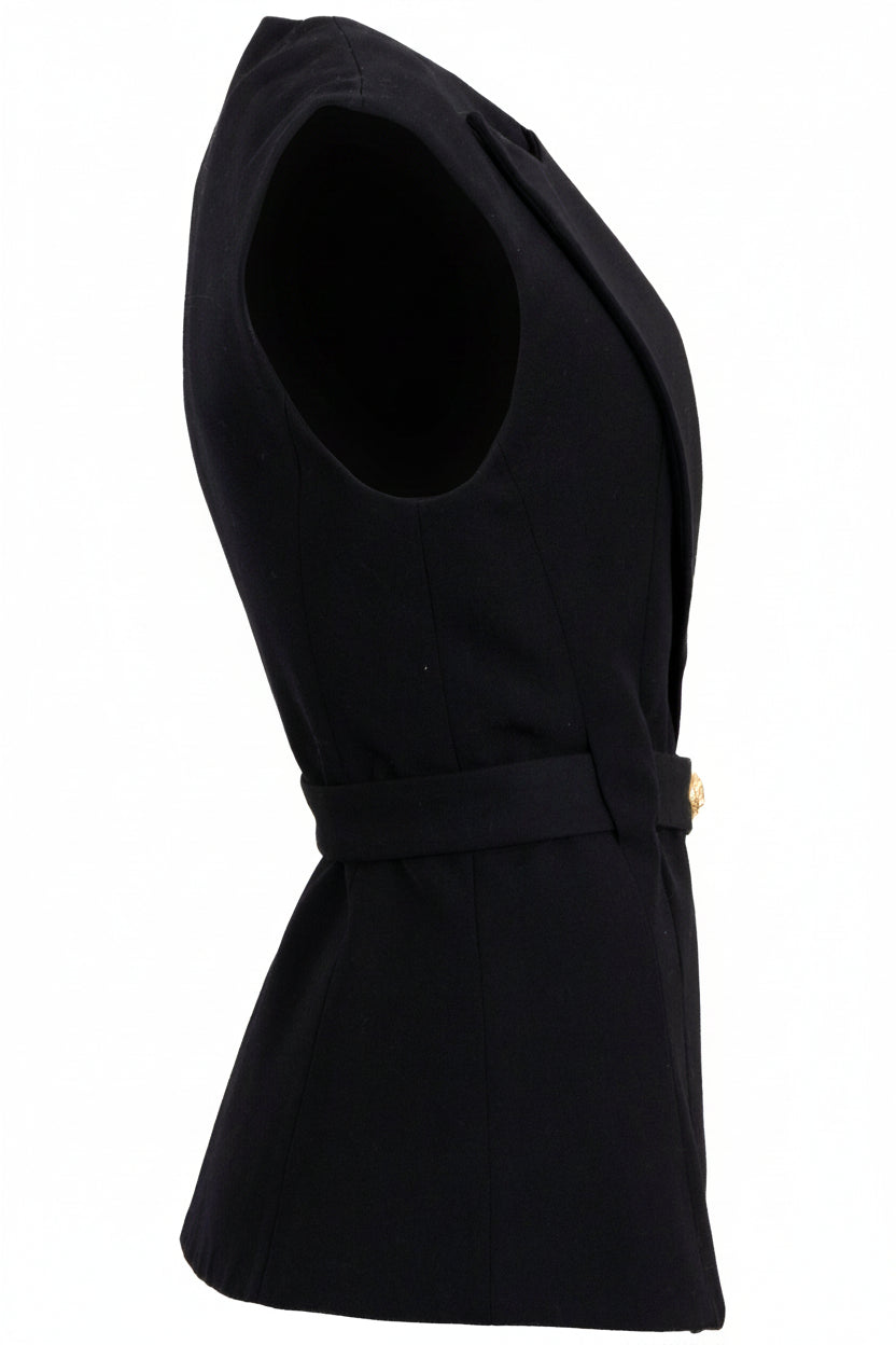 BALMAIN Plunging V Neck Belted Vest Wool Black