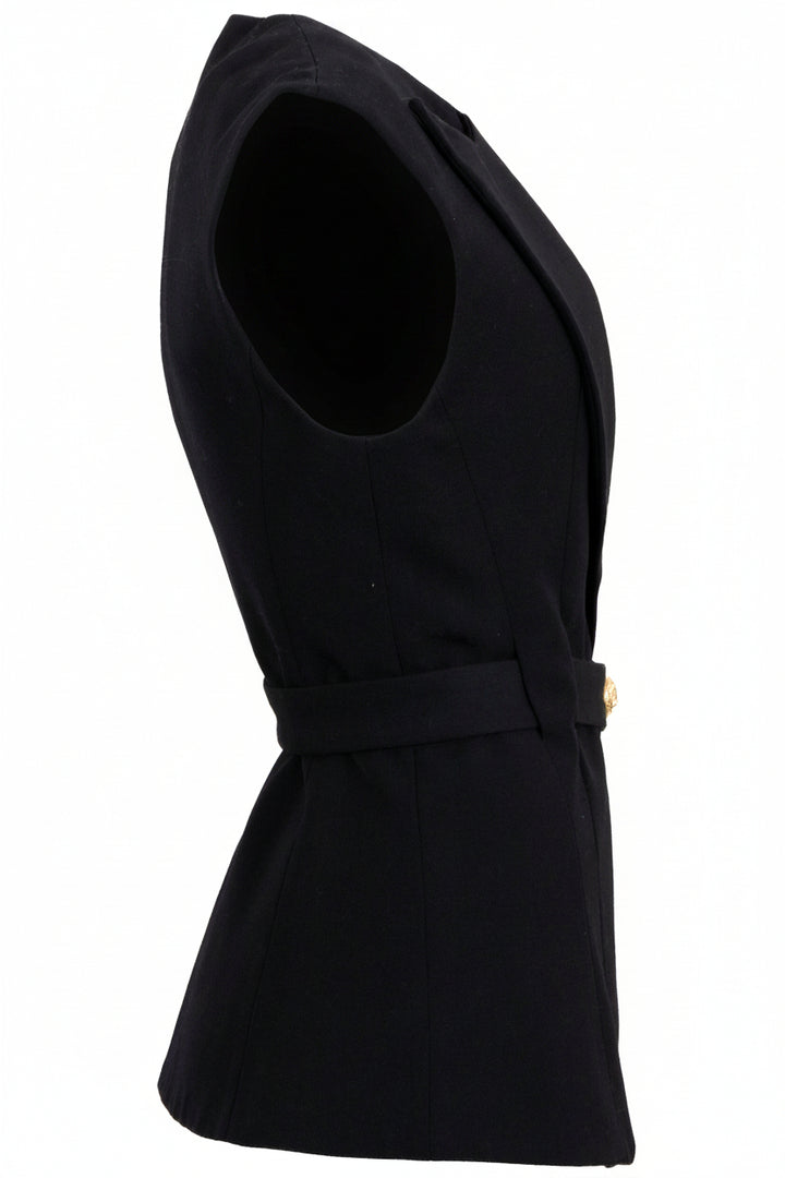 BALMAIN Plunging V Neck Belted Vest Wool Black