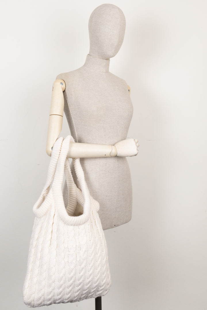 MIU MIU Cashmere Cable Knit Tote White
