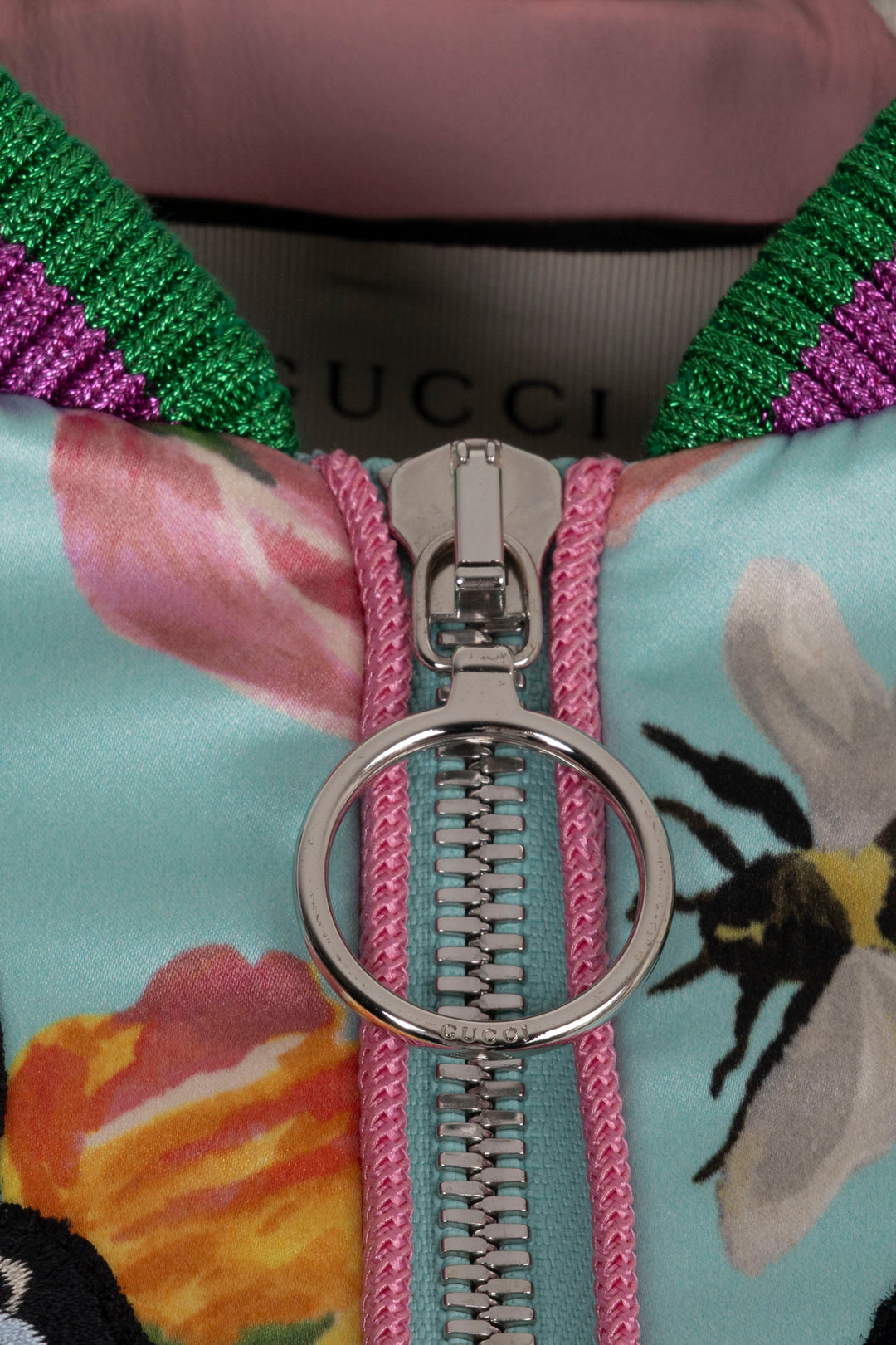 GUCCI 2017 Butterfly Embroidered Bomber Jacket Satin Blue