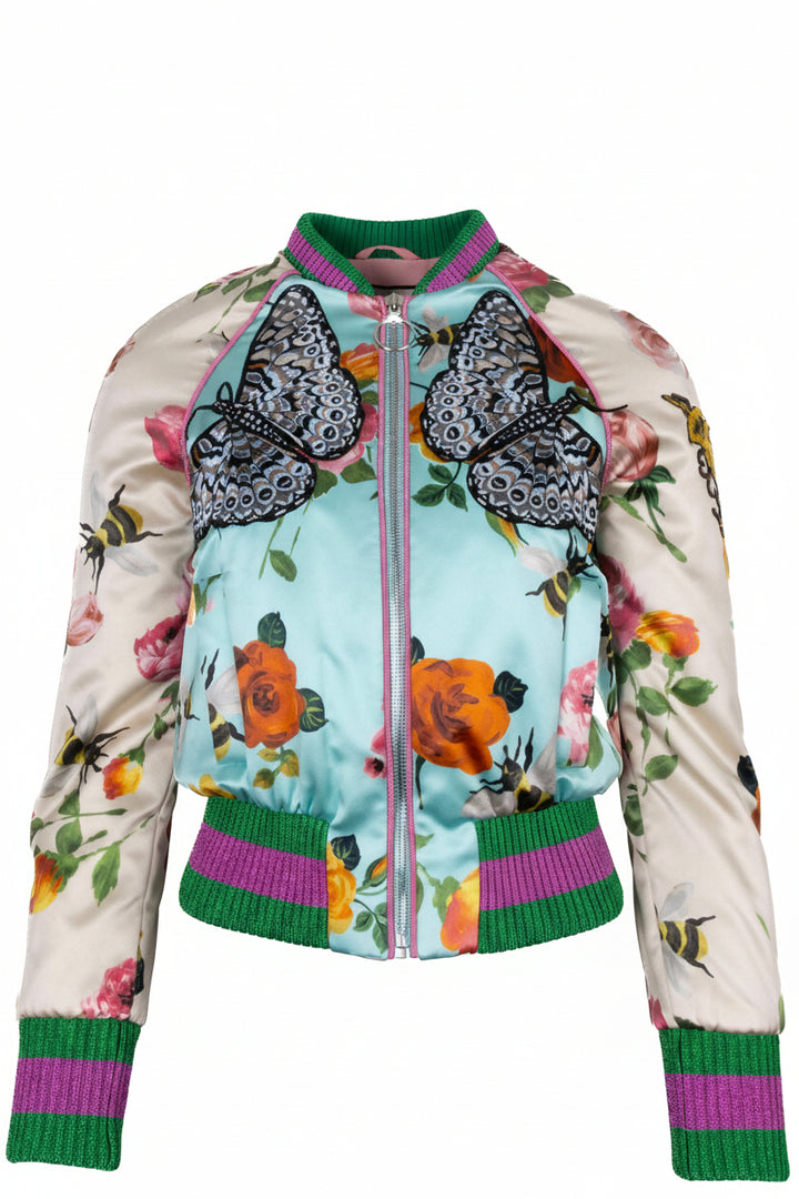 GUCCI 2017 Butterfly Embroidered Bomber Jacket Satin Blue