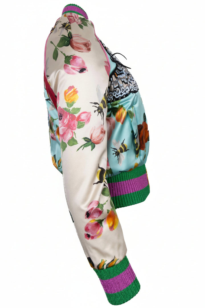 GUCCI 2017 Butterfly Embroidered Bomber Jacket Satin Blue