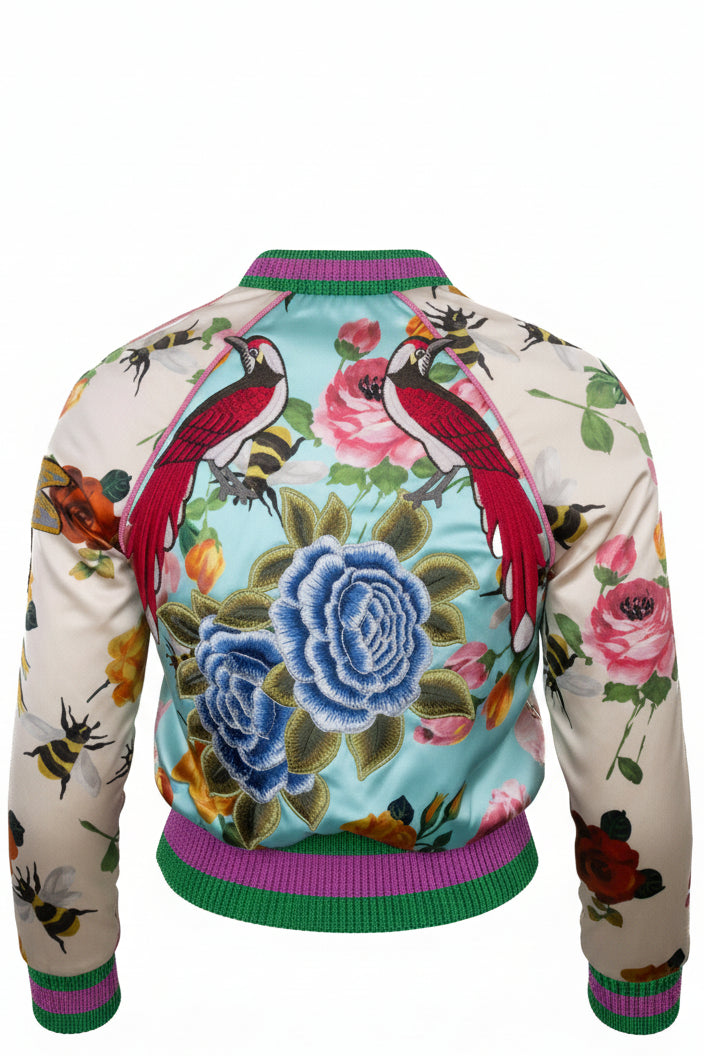GUCCI 2017 Butterfly Embroidered Bomber Jacket Satin Blue