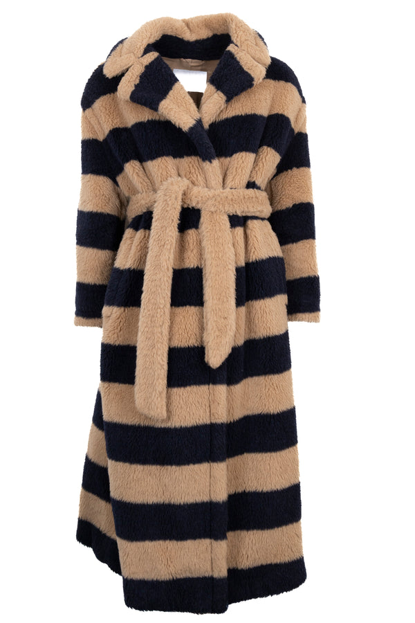 Manteau Teddy rayé MAX MARA, bleu marine et beige.