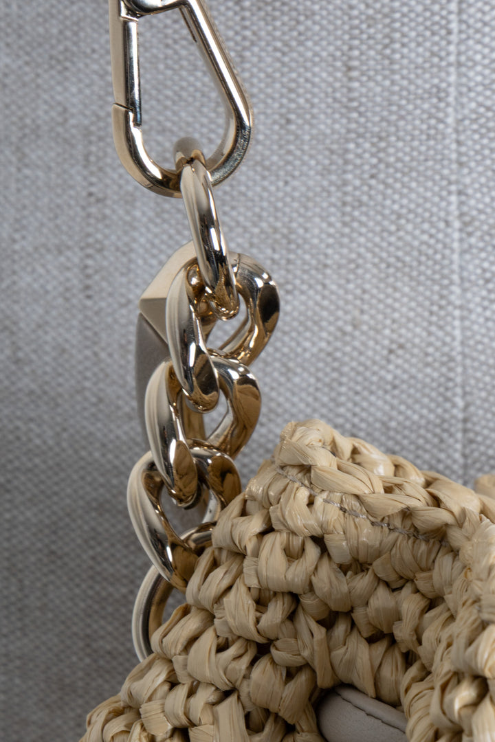 Sac seau JIMMY CHOO Petit Bon Bon en raphia beige