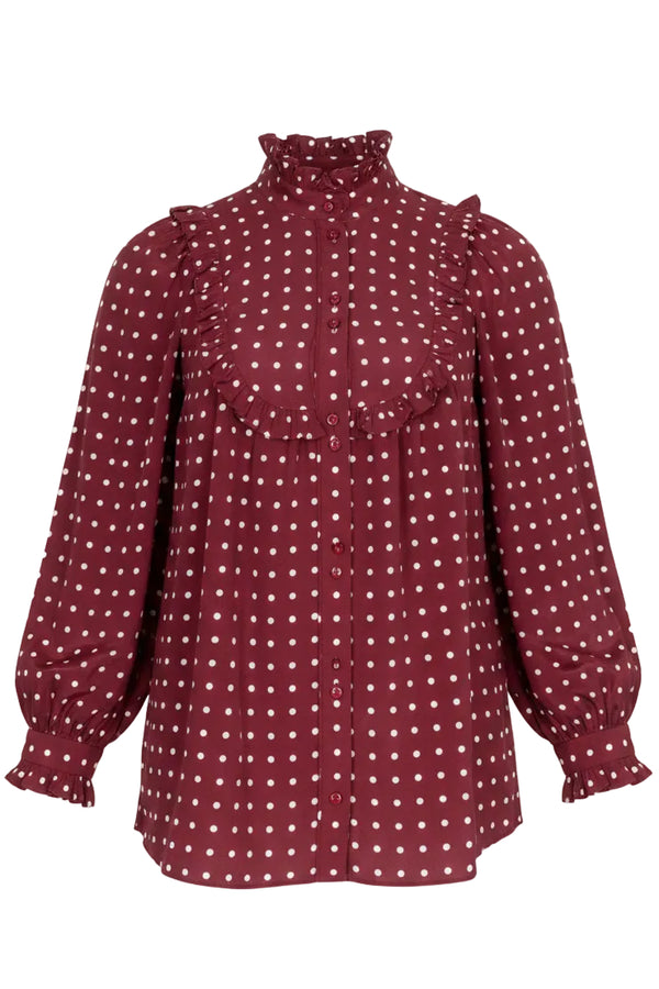 ZIMMERMANN Ruffled High Neck Polka Dot Blouse Satin Red