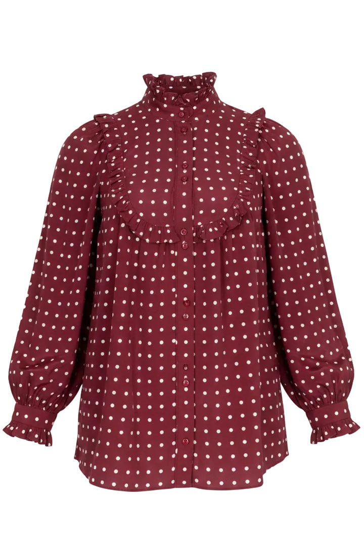 ZIMMERMANN Ruffled High Neck Polka Dot Blouse Satin Red