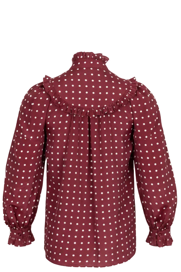 ZIMMERMANN Ruffled High Neck Polka Dot Blouse Satin Red