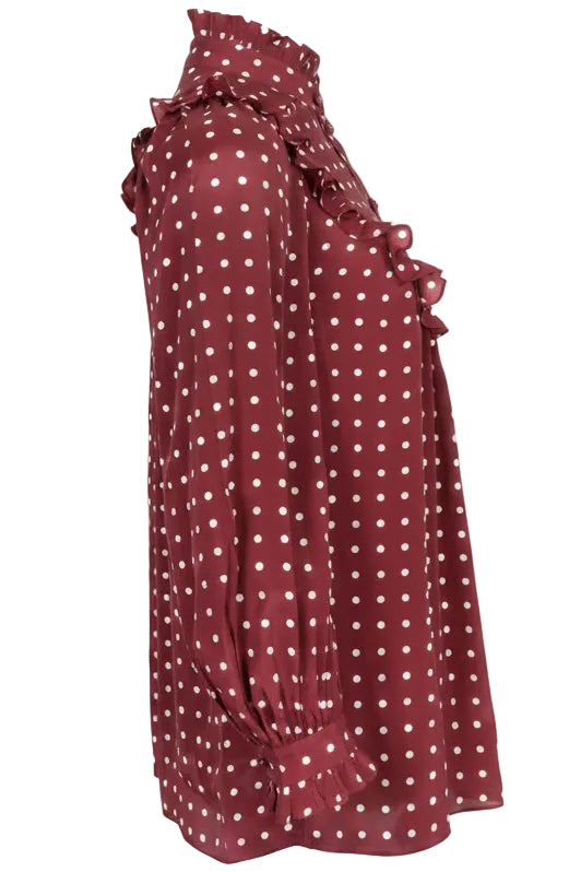 ZIMMERMANN Ruffled High Neck Polka Dot Blouse Satin Red