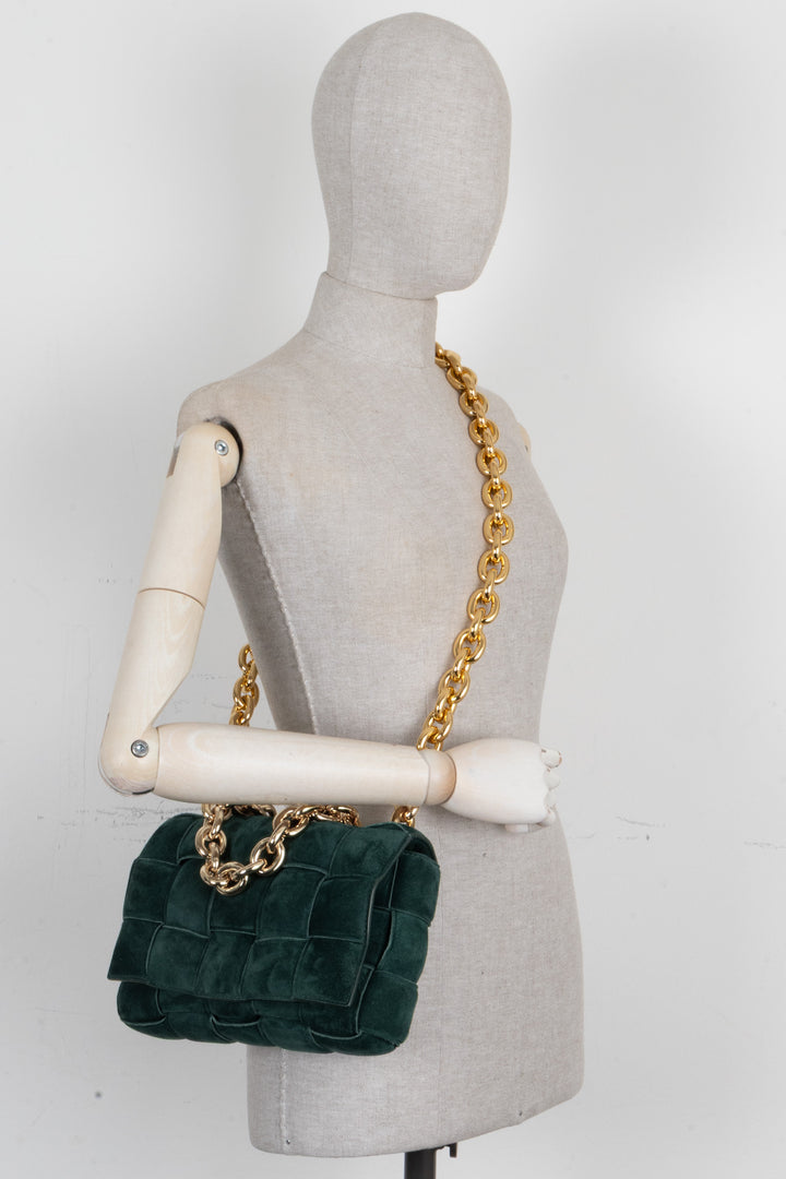 BOTTEGA VENETA Padded Chain Cassette Bag Suede Dark Green