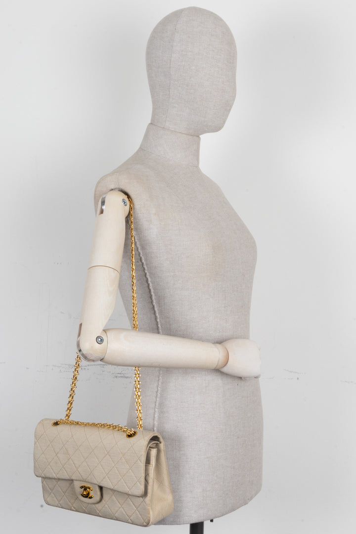 CHANEL Classic Medium Double Flap Jersey Beige