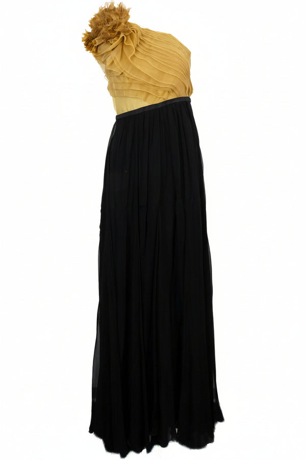 GUCCI Flower One Shoulder Silk Chiffon Maxi Dress Gold Black