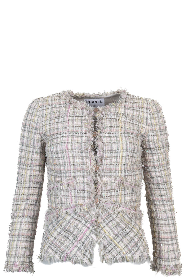 Veste en tweed fantaisie CHANEL 2005, gris et rose.