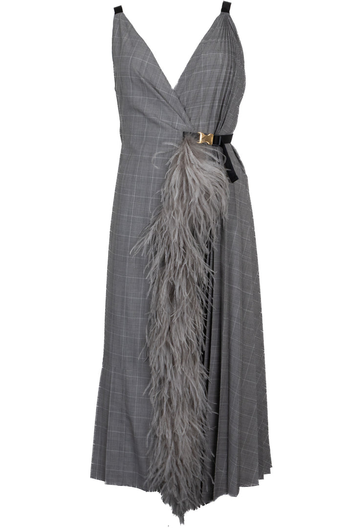 PRADA 2019 Checked Feather Wrap Dress Wool Grey