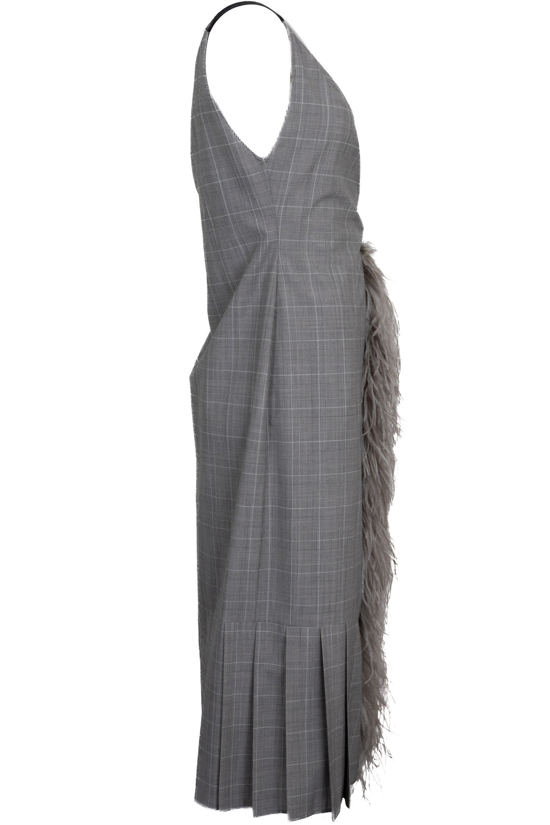 PRADA 2019 Checked Feather Wrap Dress Wool Grey